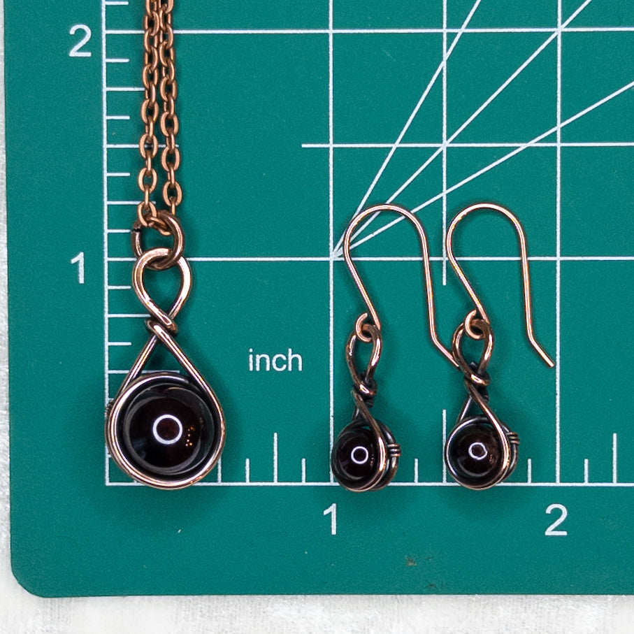 Drops of Garnet Antiqued Copper Pendant & Earrings Set