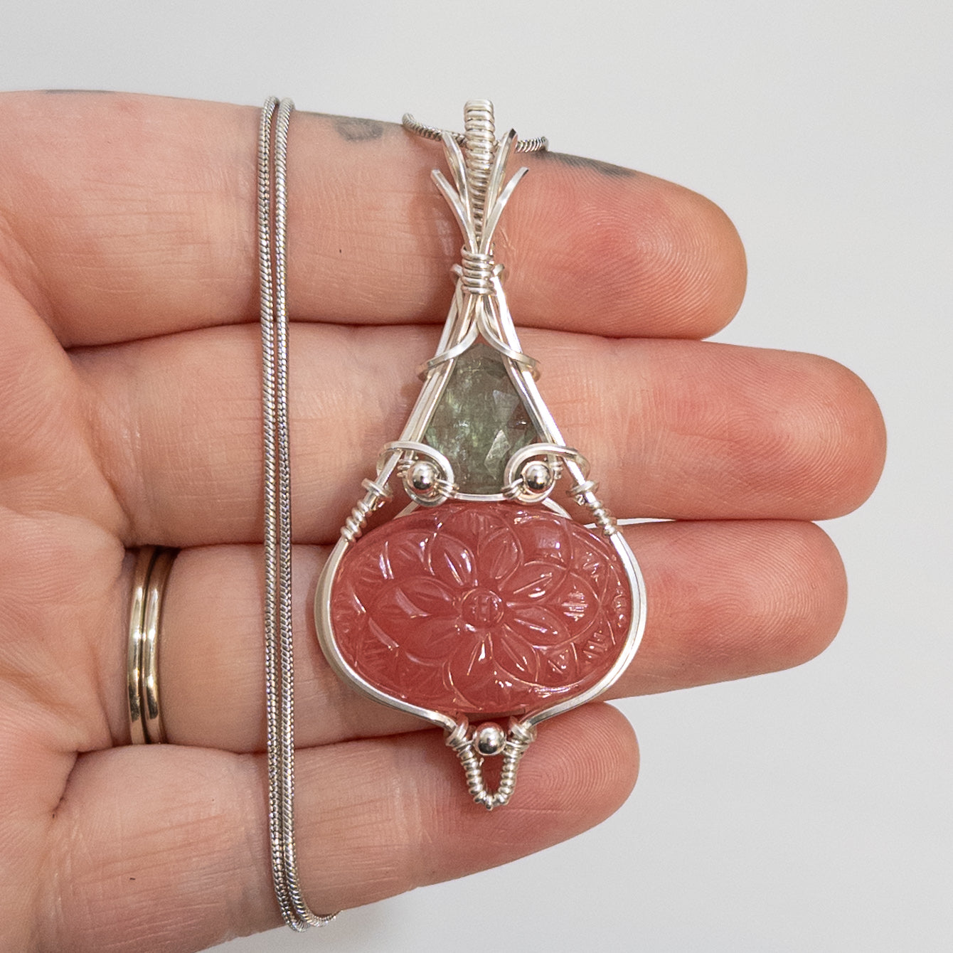 Floral Carved Rhodochrosite & Rose Cut Green Kyanite Sterling Silver Wrapped Pendant