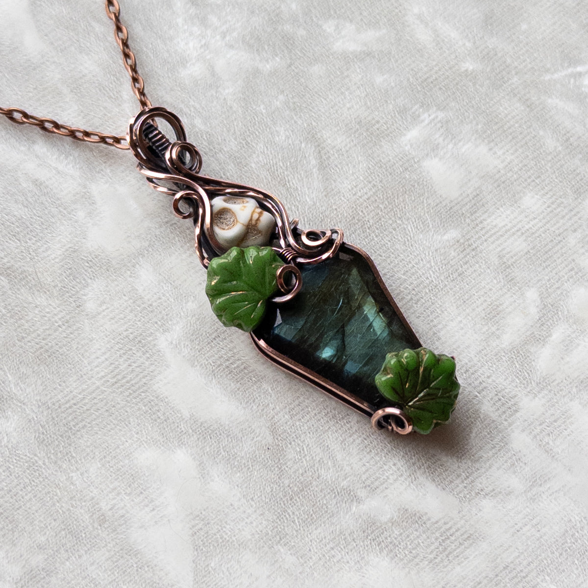 Labradorite Coffin & Skull Antiqued Copper Pendant With Czech Glass Leaves