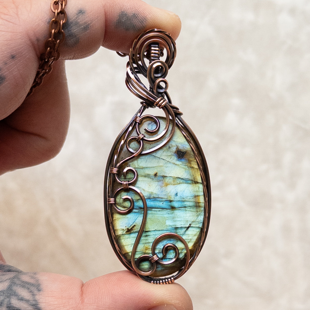 Swirly Labradorite Antiqued Copper Pendant