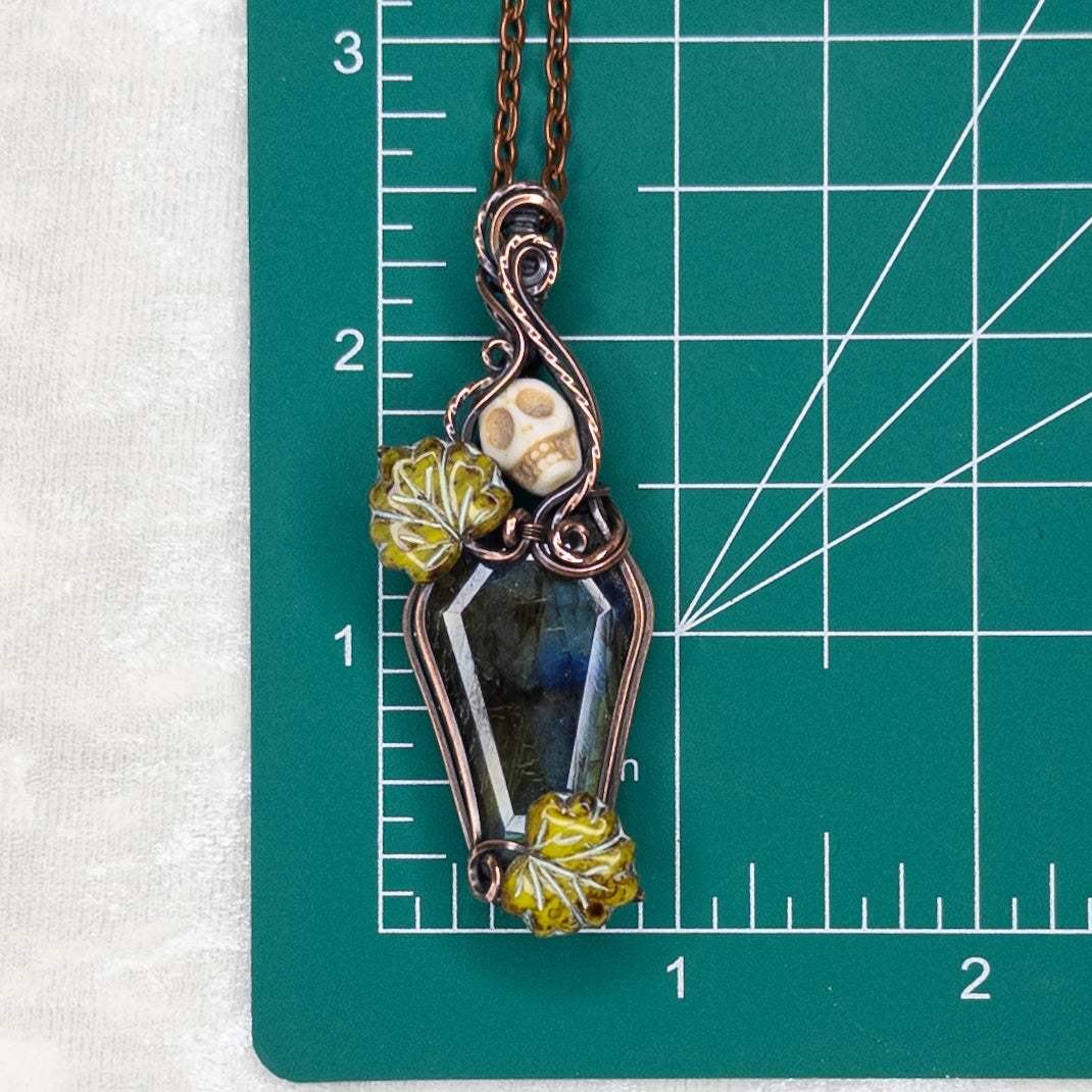 Labradorite Coffin Antiqued Copper Pendant With Stone Skull & Czech Glass Leaves