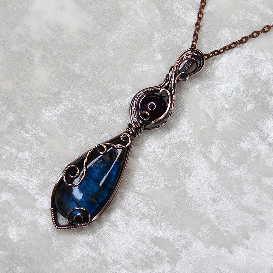 Blue Labradorite & Garnet Antiqued Copper Pendant