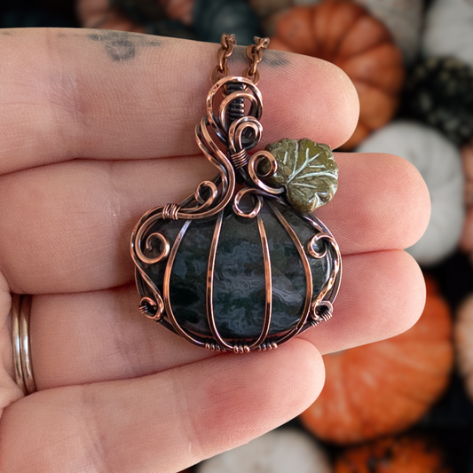 Moss Agate Antiqued Copper Pumpkin Pendant With Czech Glass Leaf