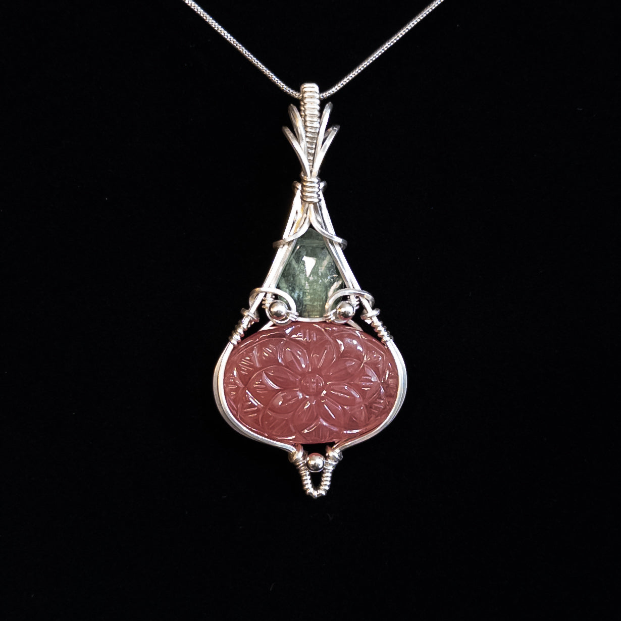 Floral Carved Rhodochrosite & Rose Cut Green Kyanite Sterling Silver Wrapped Pendant