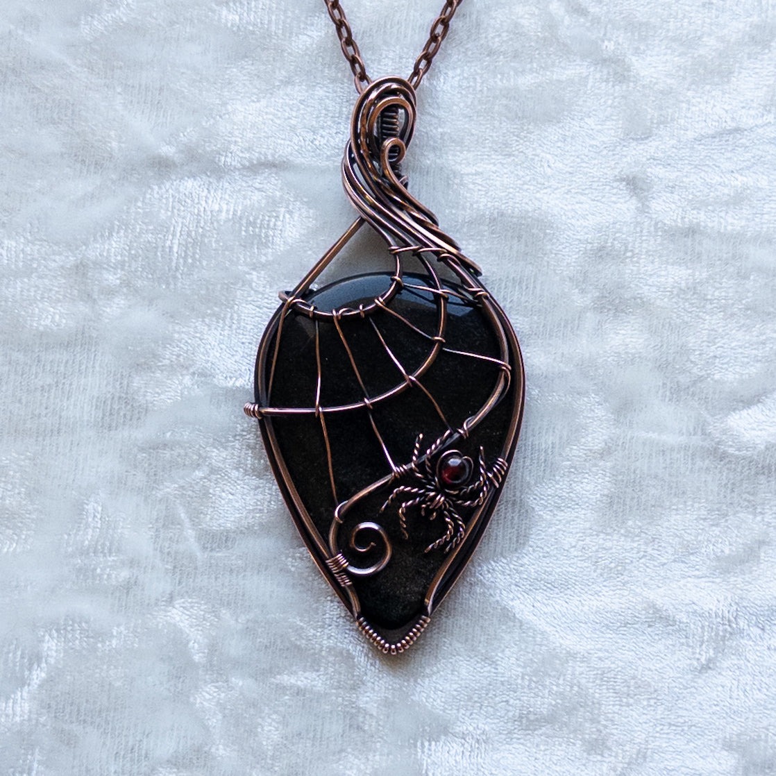 Gold Sheen Obsidian Web & Garnet Spider Pendant - Antiqued Copper