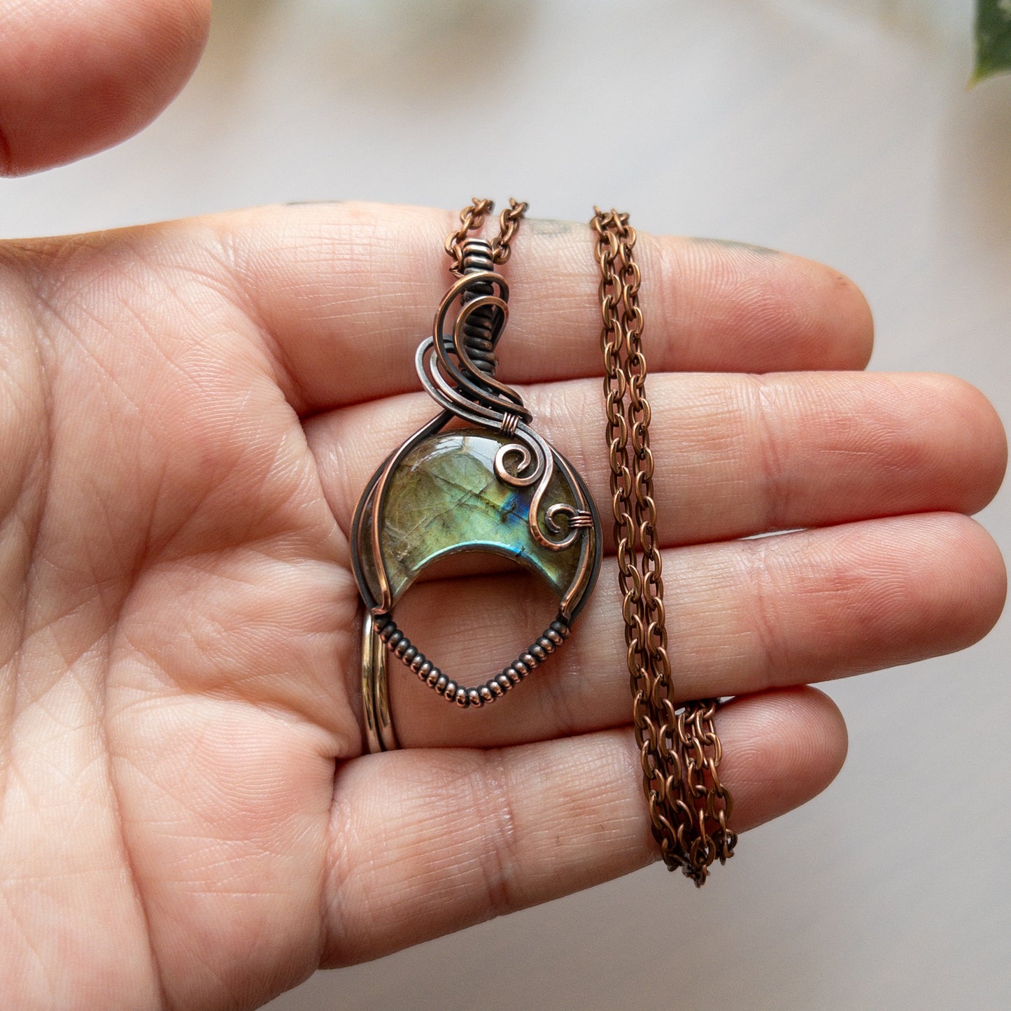 Labradorite Moon & Copper Wrapped Pendant