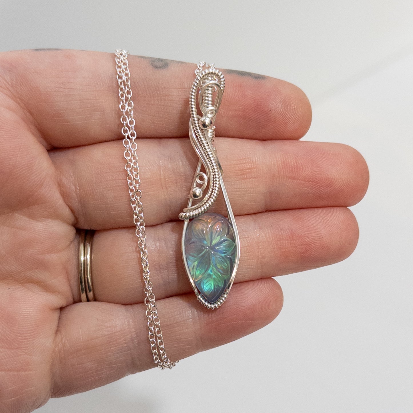 Leaf Motif Carved Aurora Opal & Quartz Doublet Sterling Silver Wire Wrapped Pendant