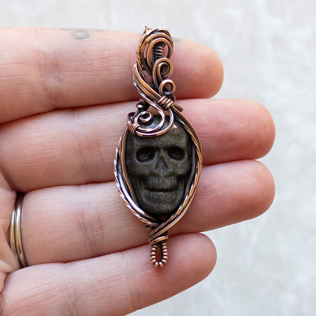 Silver/Gold Sheen Obsidian Skull Antiqued Copper Pendant