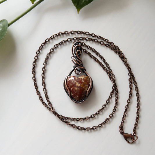 Dappled Ocean Jasper Heart Copper Wrapped Pendant