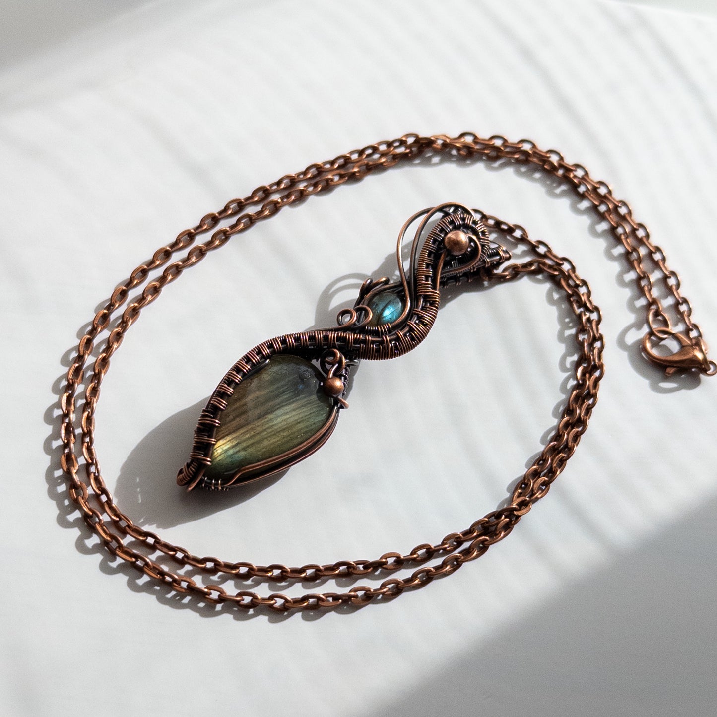 Double Labradorite Wrapped & Woven Copper Pendant