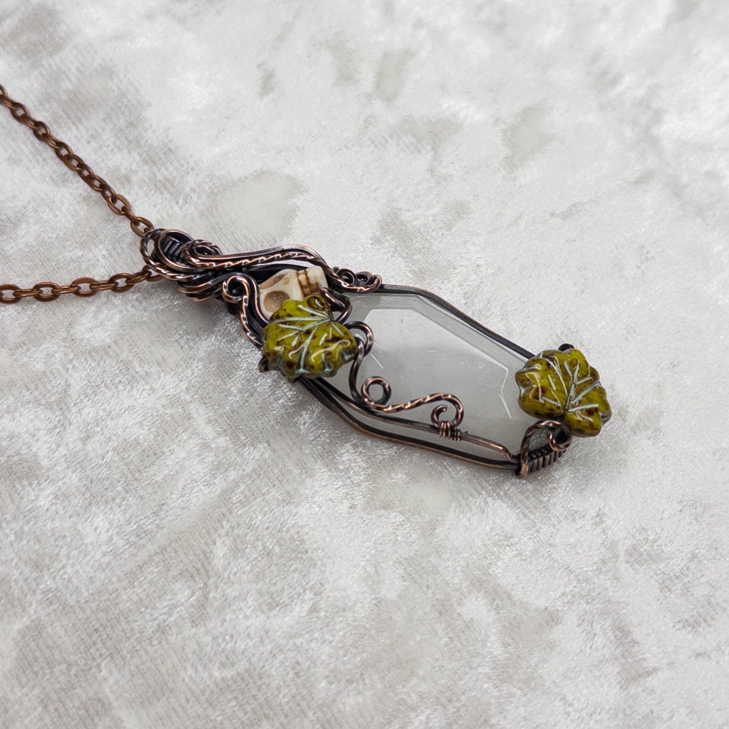 Quartz Coffin & Skull Antiqued Copper Pendant With Czech Glass Leaves