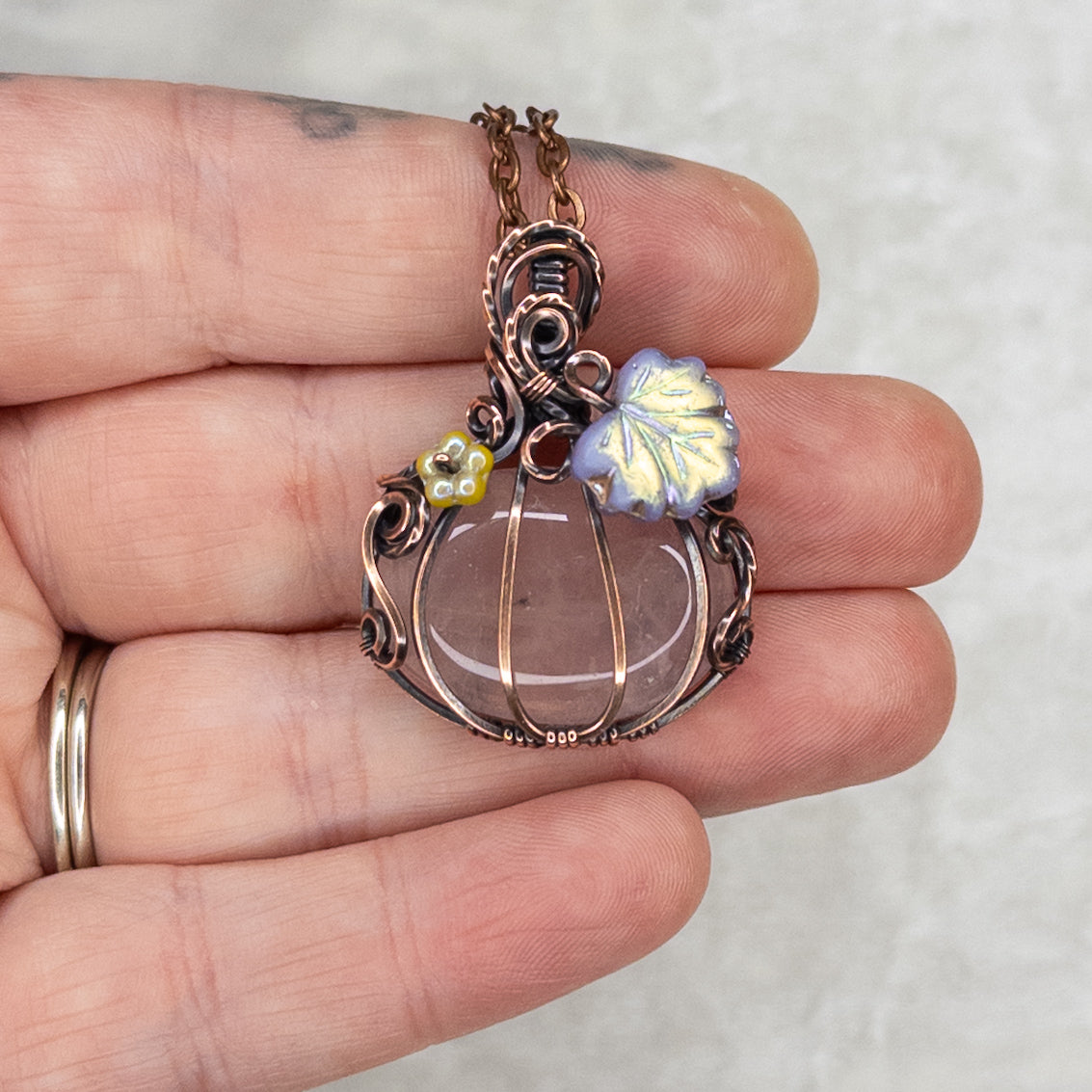 “Fairy Pumpkin” Rose Quartz Antiqued Copper Pumpkin Pendant With Iridescent Czech Glass Leaf & Blossom