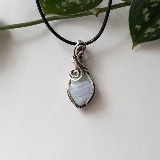 Mini Blue Lace Agate Heart & Sterling Silver Wrapped Pendant - B