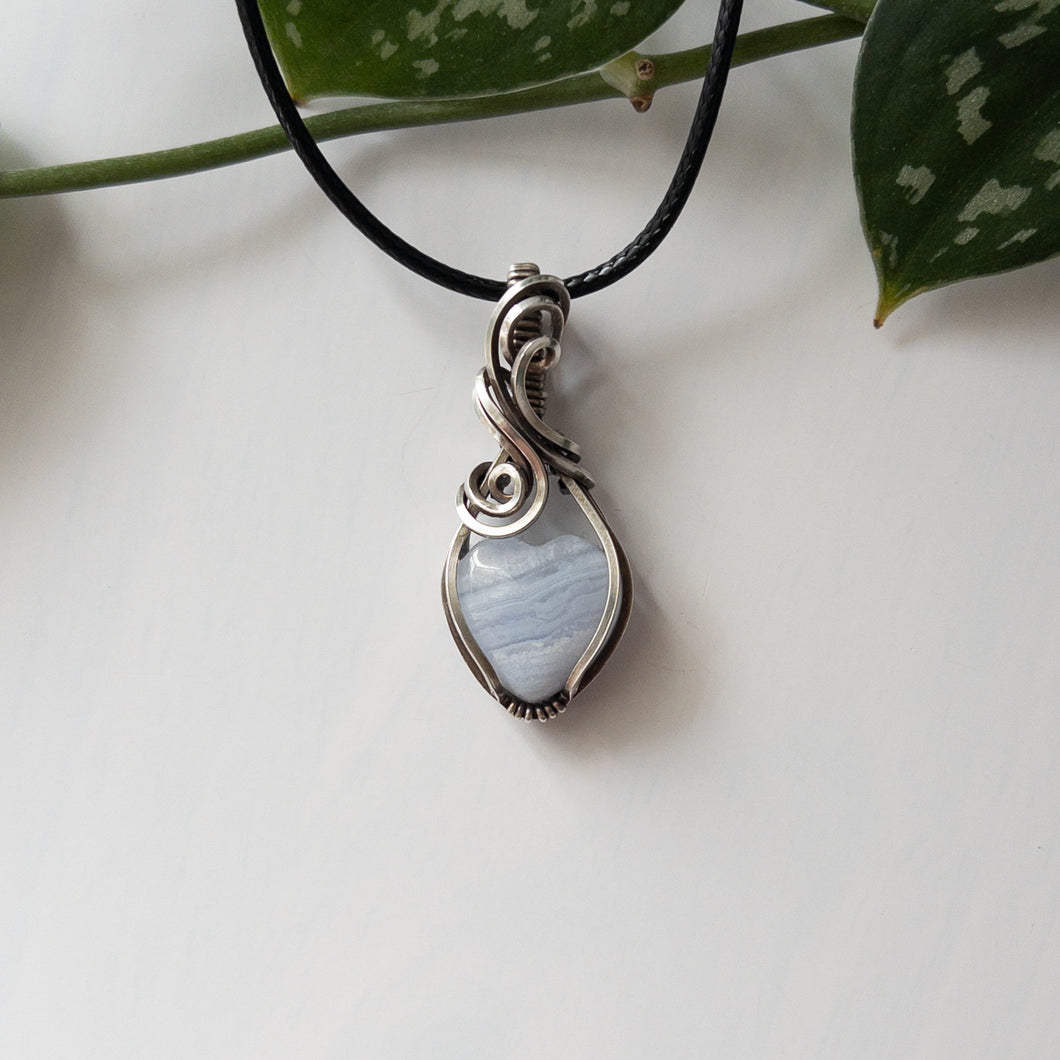 Mini Blue Lace Agate Heart & Sterling Silver Wrapped Pendant - B