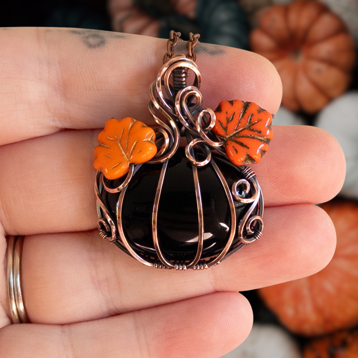 Black Onyx Antiqued Copper Pumpkin Pendant With Orange Leaves