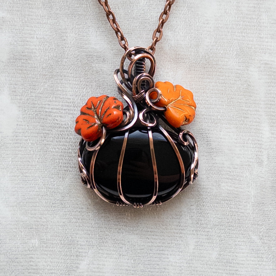 Black Onyx Pumpkin Antiqued Copper Pendant With Czech Glass Leaves