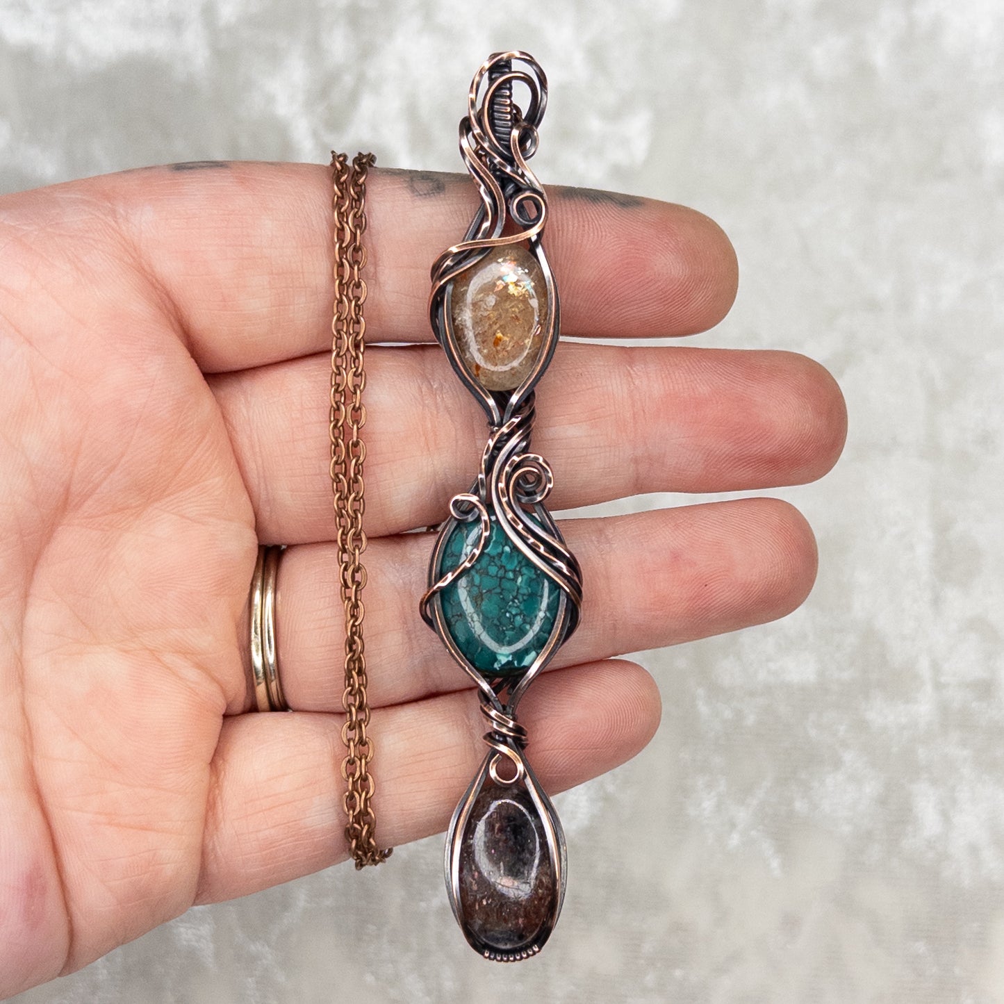 Bloodshot Iolite, Hubei Turquoise, & Confetti Sunstone Antiqued Copper Pendant