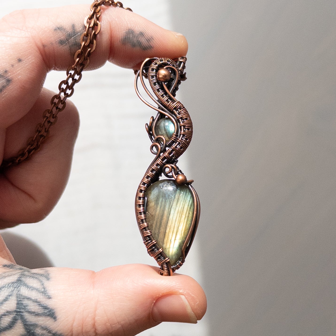 Double Labradorite Wrapped & Woven Copper Pendant