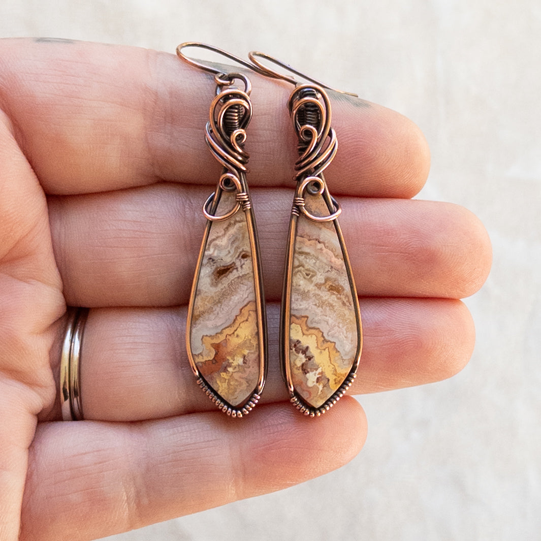 Crazy Lace Agate Antiqued Copper Earrings