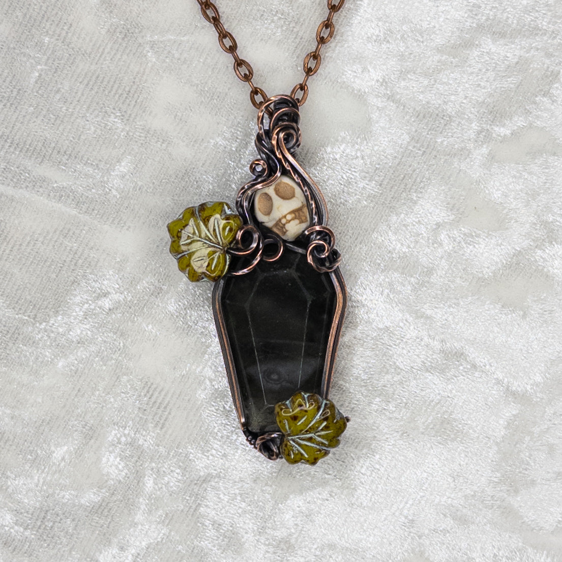 African Bloodstone Coffin & Skull Antiqued Copper Pendant With Czech Glass Leaves