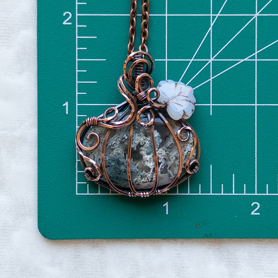 Moss Agate Antiqued Copper Pumpkin Pendant With Czech Glass Leaf