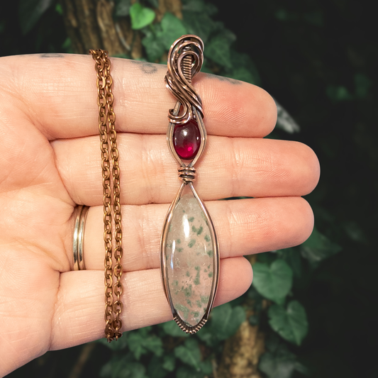Chlorite Included Quartz & Fuchsia Garnet Antiqued Copper Pendant