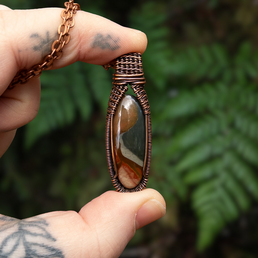 Polychrome Jasper Woven Copper Pendant