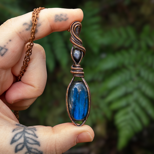 Labradorite & Tanzanian Iolite Copper Wrapped Pendant