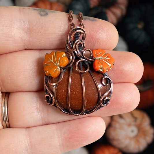 Orange Goldstone Pumpkin Pendant With Czech Glass Leaves - Antiqued Copper