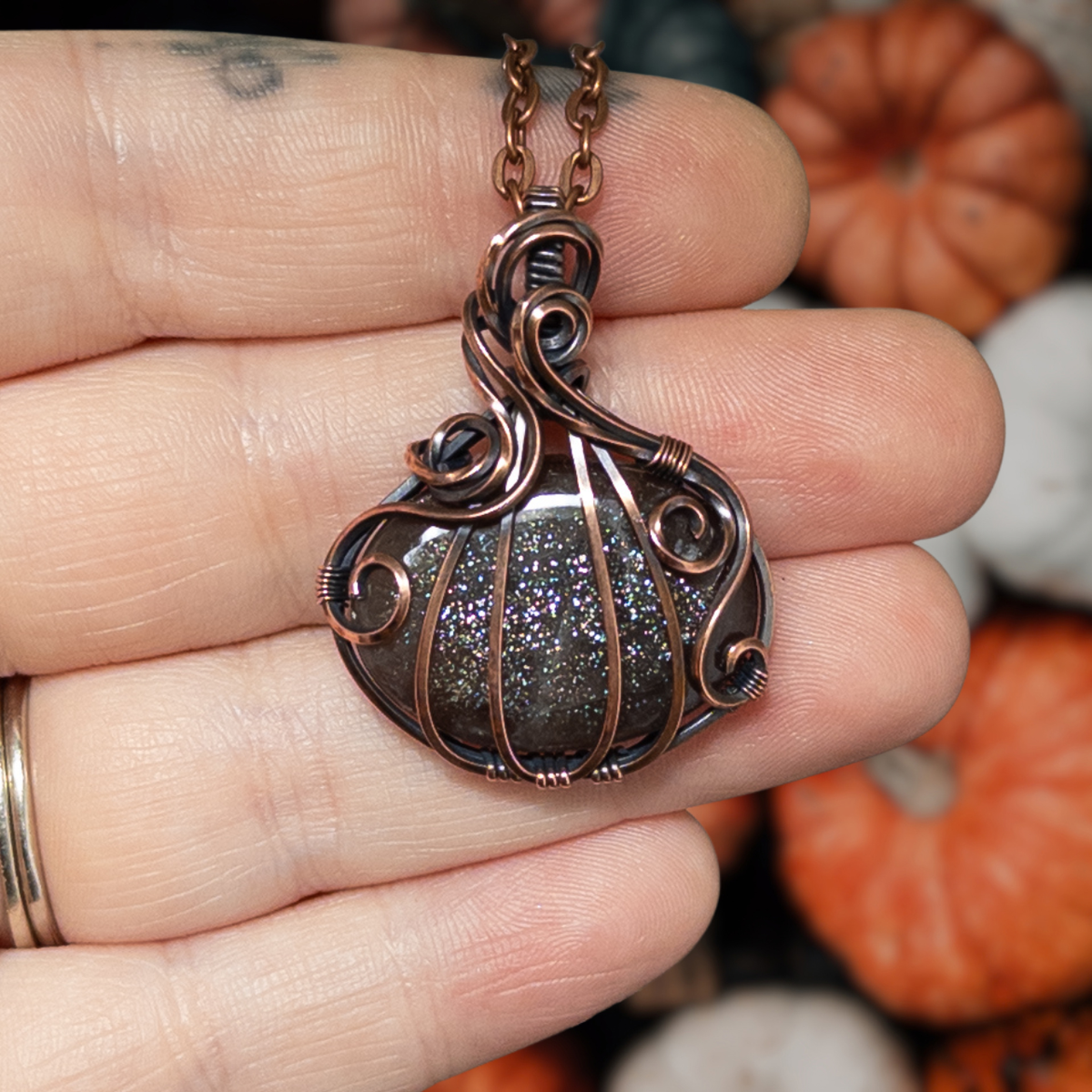 Purple & Green Haze Sunstone Pumpkin Pendant - Antiqued Copper