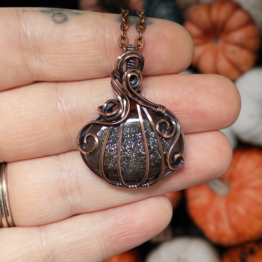 Purple & Green Haze Sunstone Pumpkin Pendant - Antiqued Copper
