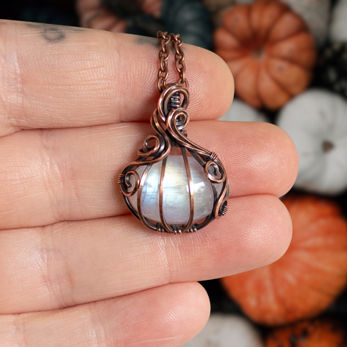 Mini Moonstone Pumpkin Pendant - Antiqued Copper