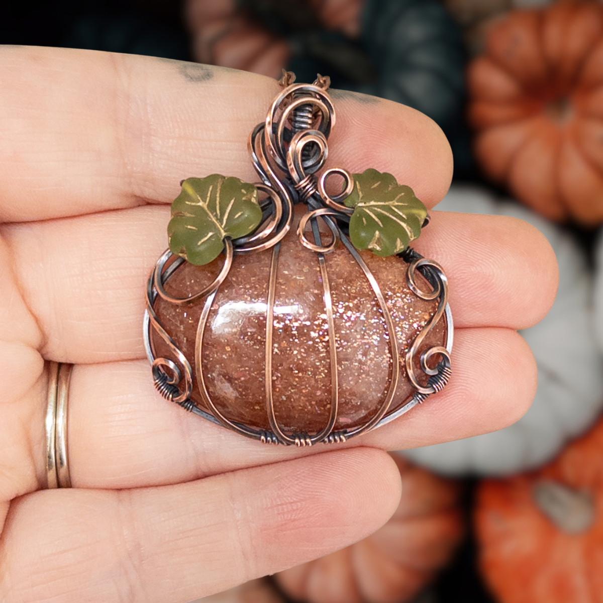 Confetti Sunstone Pumpkin Pendant With Czech Glass Leaves - Antiqued Copper