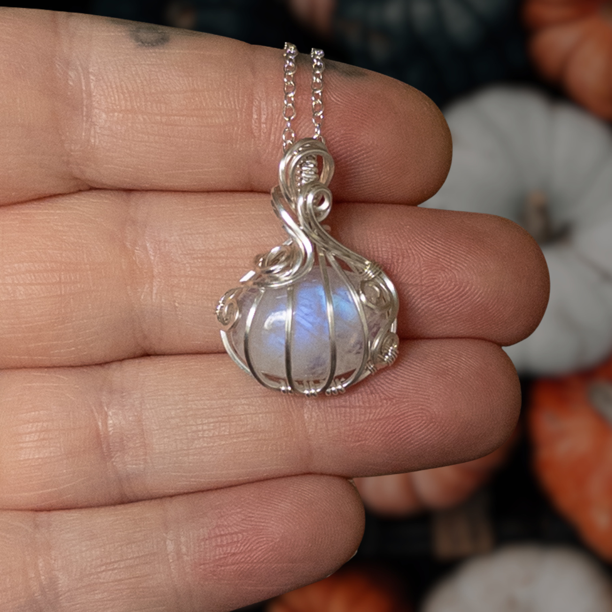 Mini Moonstone Pumpkin Pendant - Solid Sterling Silver
