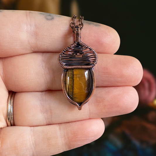Tiger’s Eye Acorn Pendant - Antiqued Copper