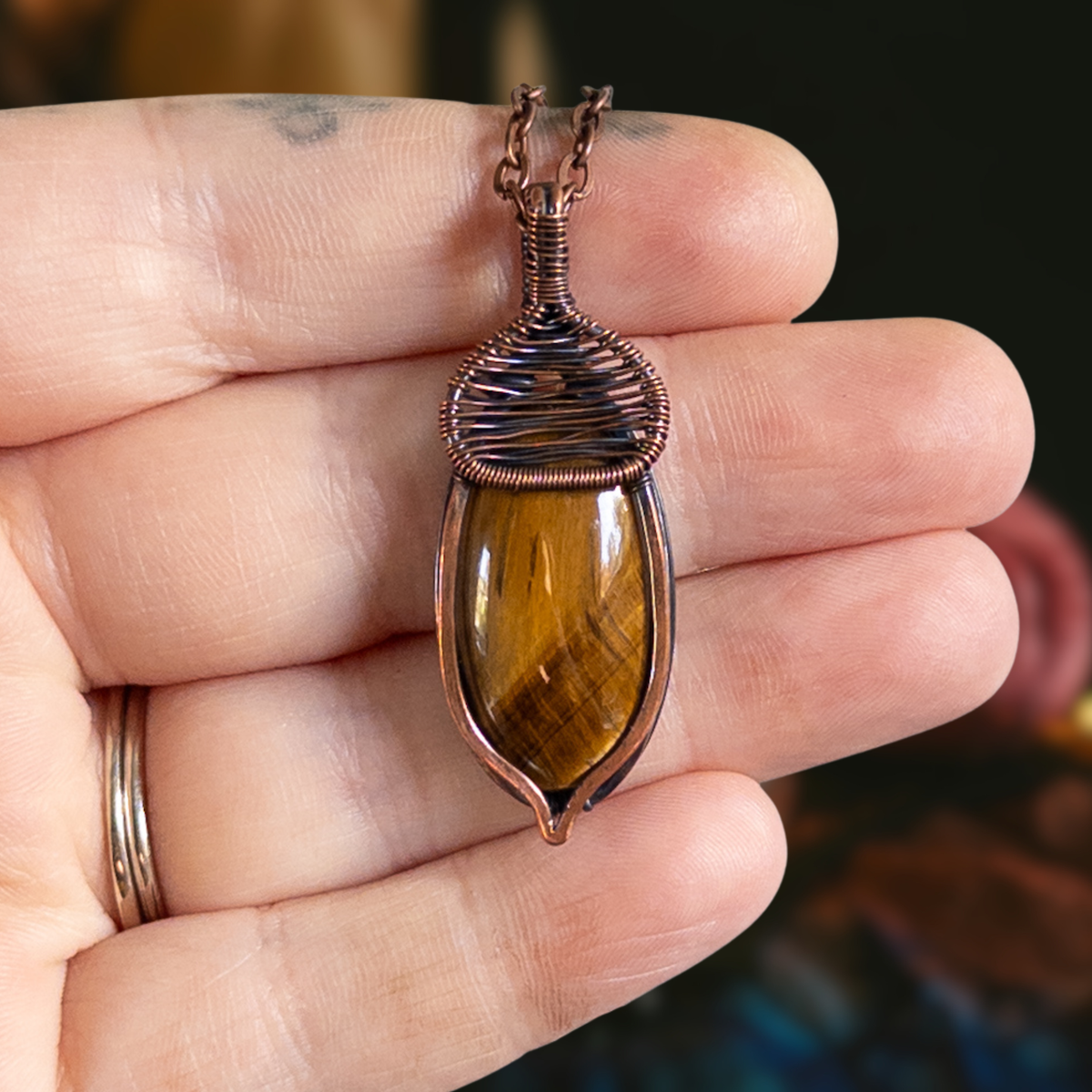 Tiger’s Eye Acorn Pendant - Antiqued Copper