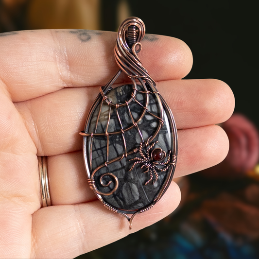 Picasso Jasper With Garnet Spider & Web Pendant - Antiqued Copper