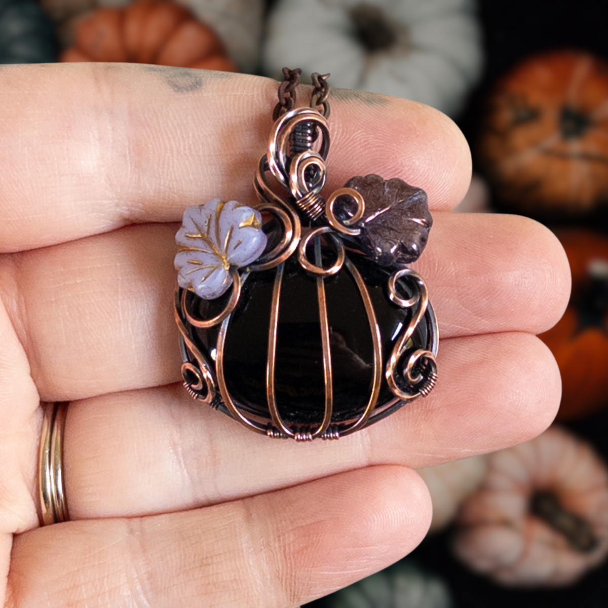 Black Onyx Pumpkin Pendant With Purple Czech Glass Leaves - Antiqued Copper