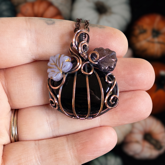 Black Onyx Pumpkin Pendant With Purple Czech Glass Leaves - Antiqued Copper