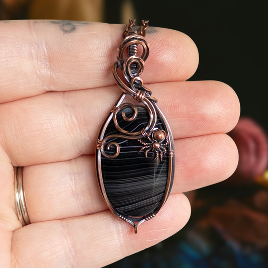 Black Agate Spider Pendant - Antiqued Copper