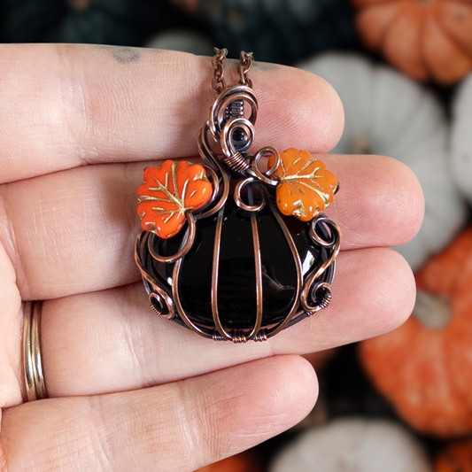 Black Onyx Pumpkin Pendant With Orange Czech Glass Leaves - Antiqued Copper