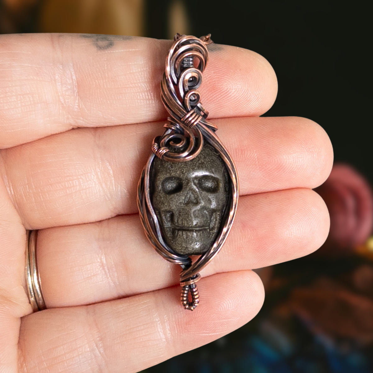 Gold Sheen Obsidian Skull Pendant - Antiqued Copper