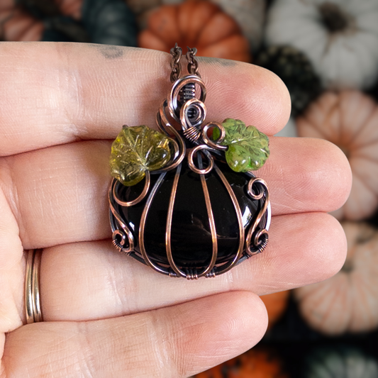 Black Onyx Pumpkin Pendant With Green Czech Glass Leaves - Antiqued Copper