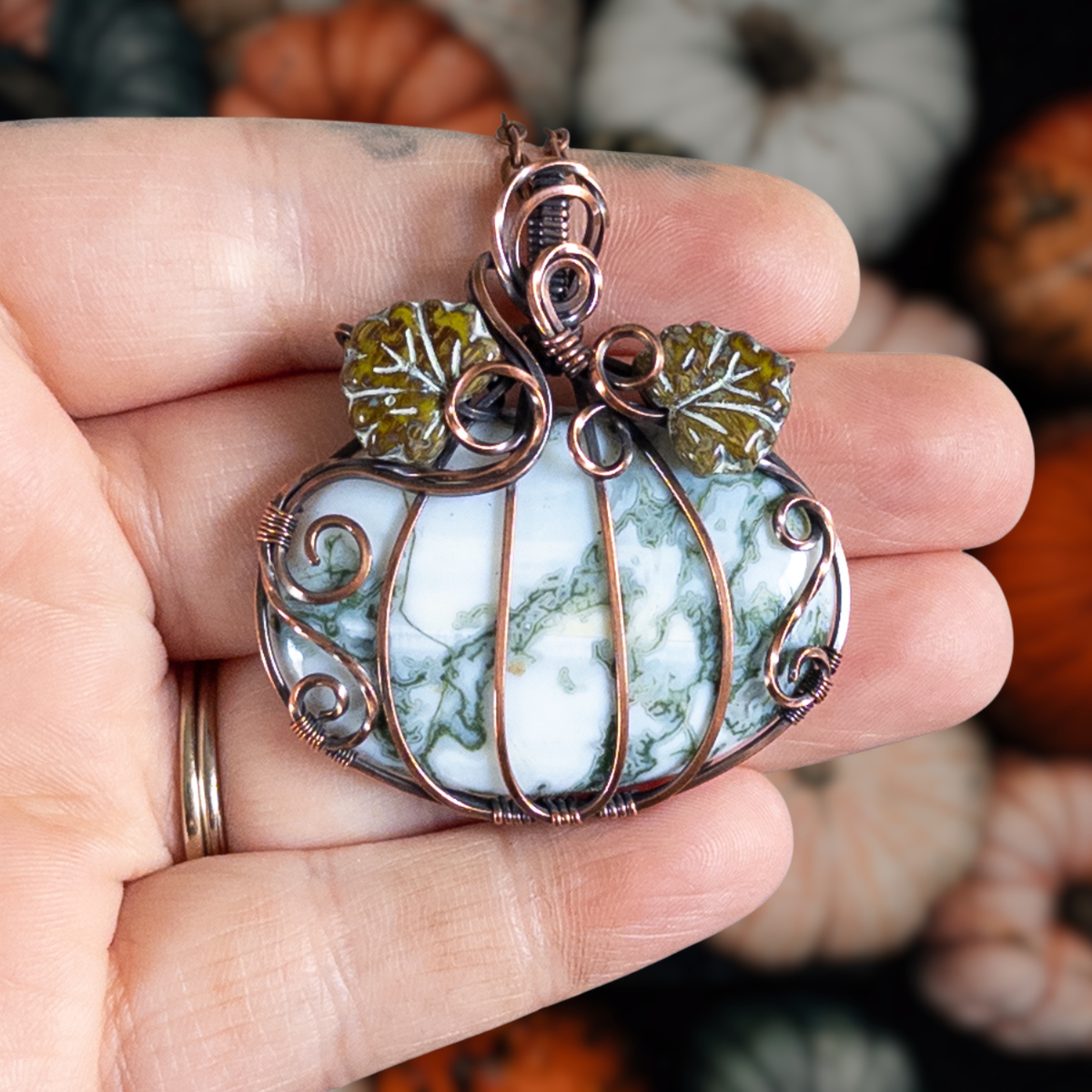 Tree Agate Pumpkin Pendant With Czech Glass Leaves - Antiqued Copper