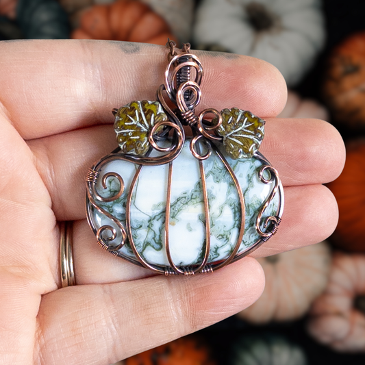 Tree Agate Pumpkin Pendant With Czech Glass Leaves - Antiqued Copper