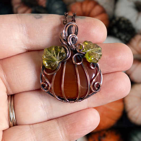 Carnelian Pumpkin Pendant With Czech Glass Leaves - Antiqued Copper