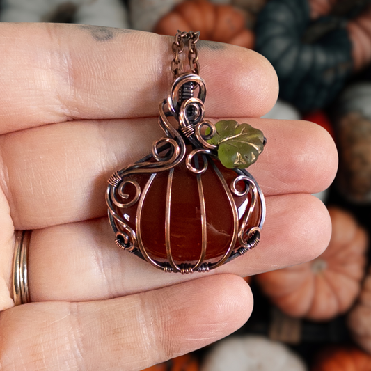 Carnelian Pumpkin Pendant With Czech Glass Leaf - Antiqued Copper