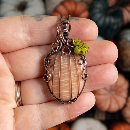 Peach Amazonite Pumpkin Pendant With Czech Glass Leaf - Antiqued Copper