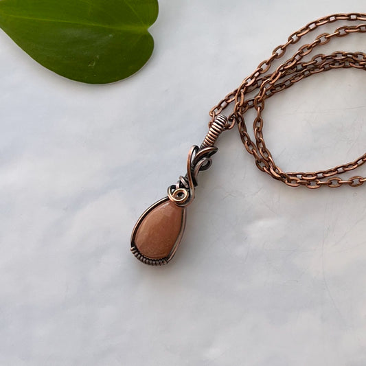 Dainty Sunstone & Antiqued Copper Wrapped Pendant