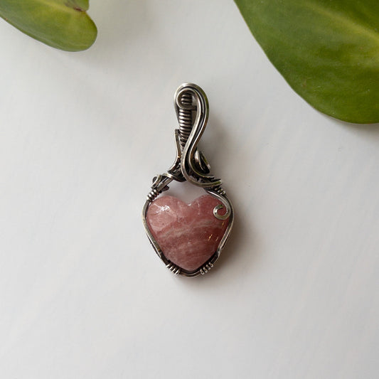 Rhodochrosite Heart Sterling Silver Wrapped Pendant